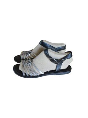 American Eagle Black Silver Strappy Sandals Women Size 9 Boho Goth Summer Casual